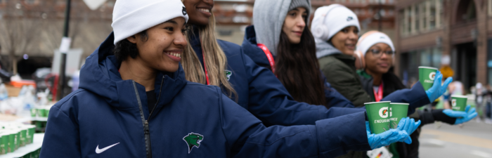 Volunteers distributing Gatorade at the 2025 Bank of America Shamrock Shuffle