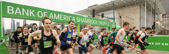 Elite athletes starting the 2025 Bank of America Shamrock Shuffle